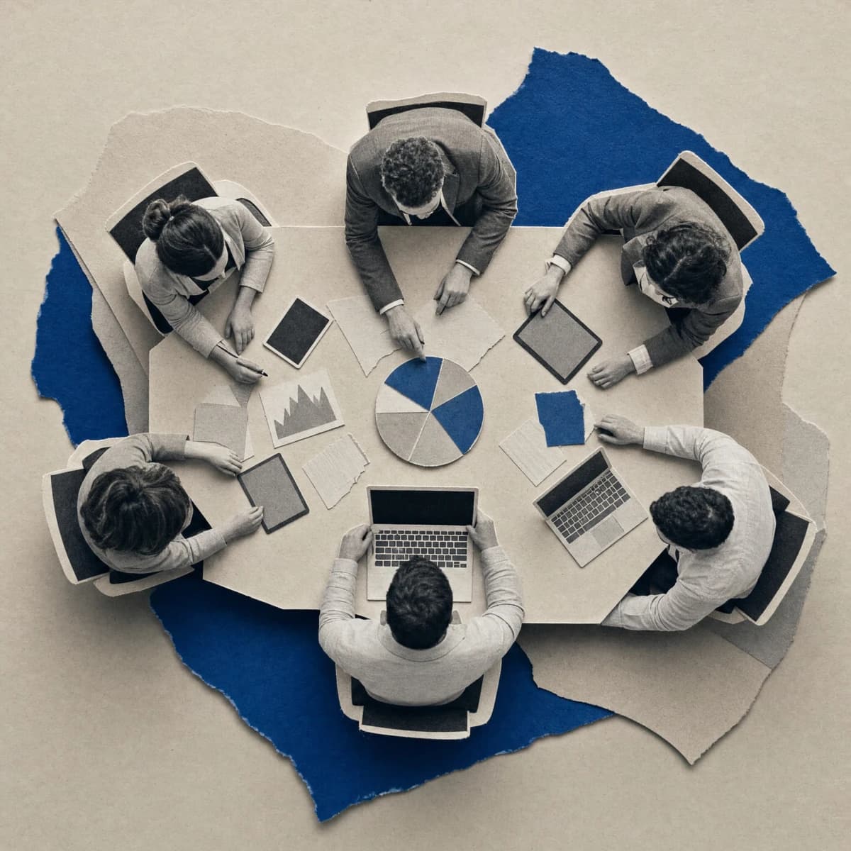 Ein Besprechungstisch von oben, mit ausgebreiteten Charts, im Papercraft-Stil.